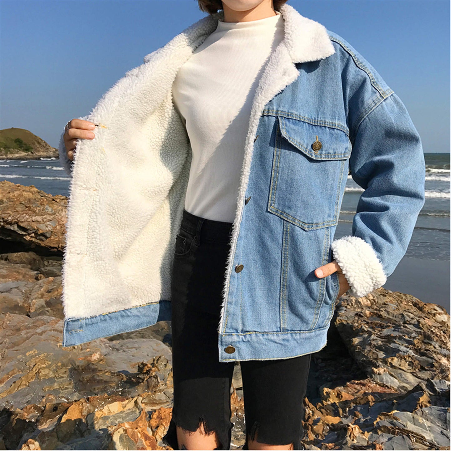 Casual Thick Warm Blue Winter Women Coat Fashion Student Style Autumn Lamb Wool Jeans Denim Jackets Snow Basic Female Coa